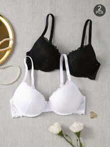 2件装性感蕾丝女士文胸，舒适钢圈聚拢文胸，黑色、白色和多色可选