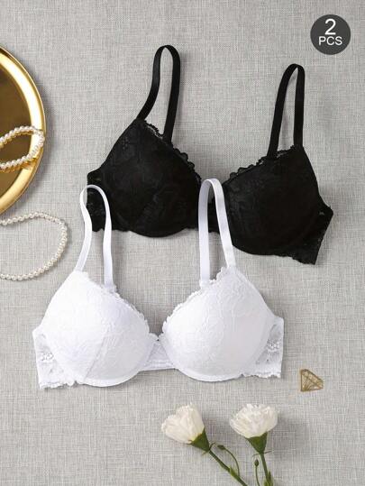 2-pack svarta, vita och flerfärgade sexiga spetsunderkläder för kvinnor, bekväm bygel-push-up-bh
