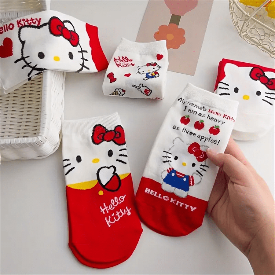5 pares de meias Hello Kitty de desenho animado para adolescentes, meias decotadas, macias e confortáveis para todas as estações (envio aleatório)