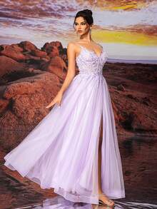 Vestido Slip Púrpura Tule Longo Vestido de Baile com Bordado de Miçangas Brilhantes em Linha A, Vestido de Formatura Semi-formal Elegante, para Aniversário, Convidado de Casamento, Vestido de Formatura da Festa de Boas-Vindas - Roxo - Visão 9