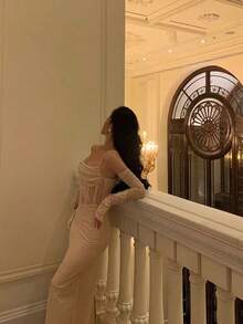 Sexy Spaghetti Strap Velvet & Contrast Lace High Stretch Semi-Sheer Evening Gown, Autumn/Winter