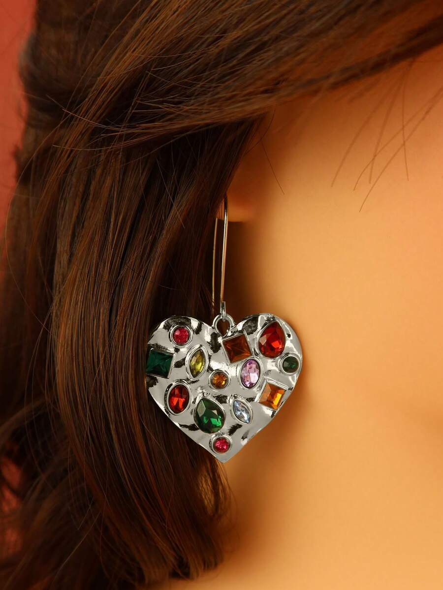 1 Cặp trang sức bạc hình trái tim to bản đính đá nhiều màu, phù hợp để phụ nữ đeo hàng ngày - Bạc - Xem 1