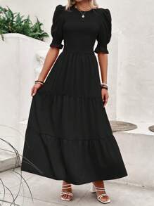 Women's Summer Dress Casual Crewneck Short Sleeve Smock Boho Flowy Dress Spring Summer Holiday Vacation Valentine Going Out Outfits - 黑色 - 查看 3