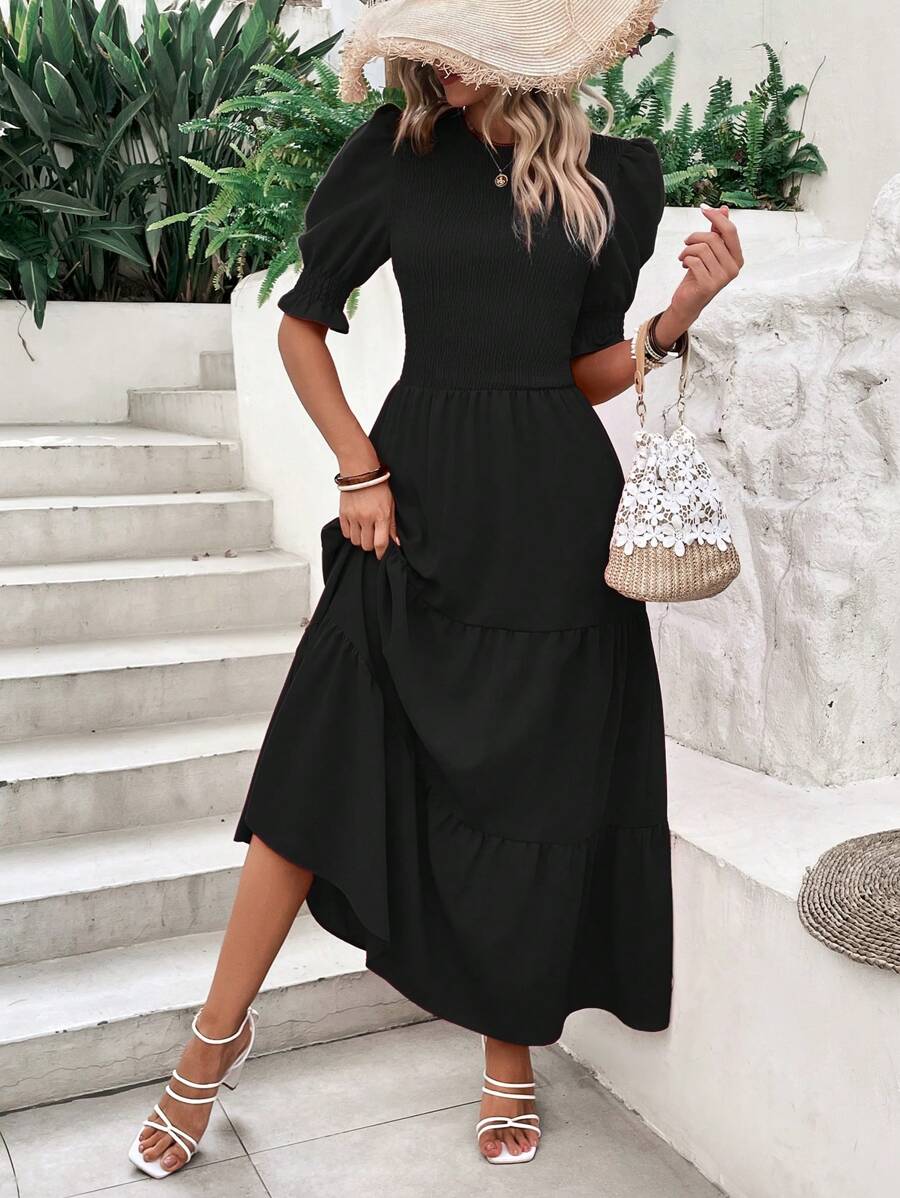 Women's Summer Dress Casual Crewneck Short Sleeve Smock Boho Flowy Dress Spring Summer Holiday Vacation Valentine Going Out Outfits - 黑色 - 查看 1