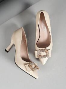 Fashionable Crystal Embellished Pointed Toe Slip-On Pumps, High Heel Work Shoes - Apricot - View 5