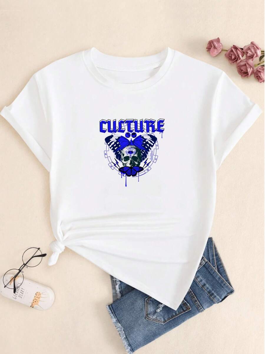 Retro Style Streetwear Cotton T-Shirt Text Pattern Women T-Shirt Babylook Fashion Comfortable - 白色的 - 查看 1