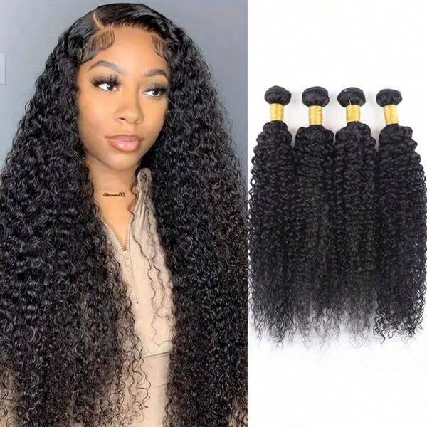4 ciocche di capelli umani vergini brasiliani ricci crespi di grado 10A, al 100% di capelli umani vergini, possono essere tinti e schiariti, con doppia trama, capelli extensions naturali ricci, nero naturale