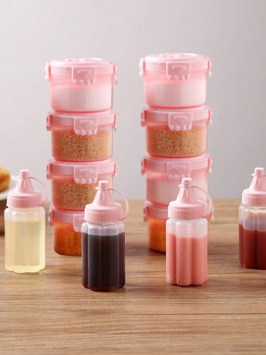 Set Dispenser Saus Bento Mini 8 Buah, Botol Peras & Stoples Bumbu, Wadah Saus Salad, Botol Peras Saus Tomat Transparan Kecil, Cocok Untuk Sekolah Dan BBQ Luar Ruangan - Berwarna merah muda - View 1