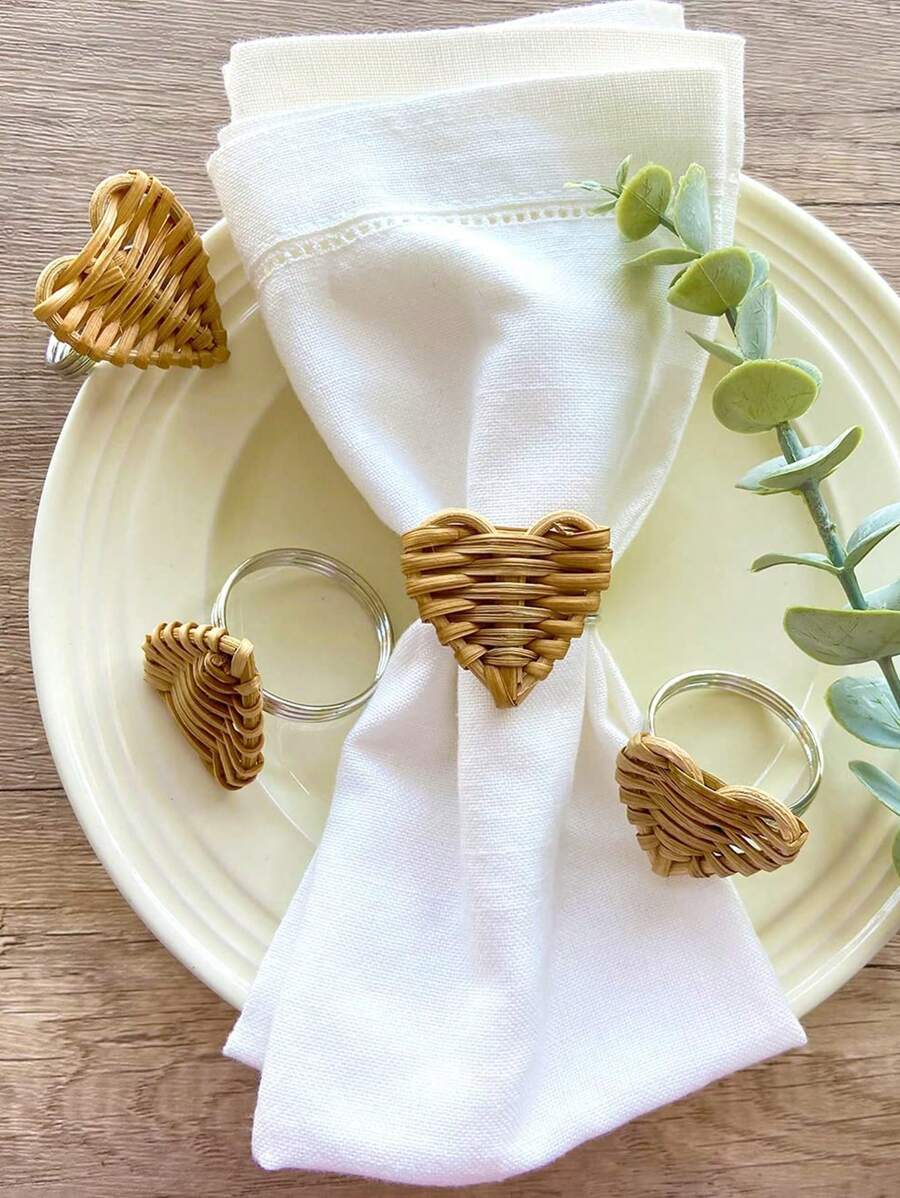 2-12pcs Handmade Heart-Shaped Rattan Napkin Rings, Suitable For Festivals, Parties, Birthdays, Weddings And Dinners - Multicolor - View 1