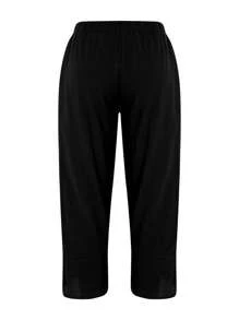 Women's Straight Pants Elastic Waist Casual Trousers Pants Wide Leg Casual Beach Pants Cotton Linen Summer Lounge Pants Travel Work Trousers With Pockets - 黑色 - 查看 3