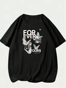Cotton T-Shirt Men's Blouse Simple Print Cute Style Sweet Comfort Premium Soft Summer - 黑色 - 查看 1