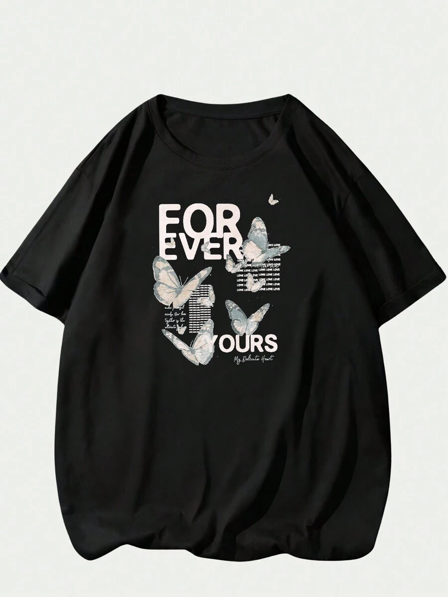 Cotton T-Shirt Men's Blouse Simple Print Cute Style Sweet Comfort Premium Soft Summer - 黑色 - 查看 1