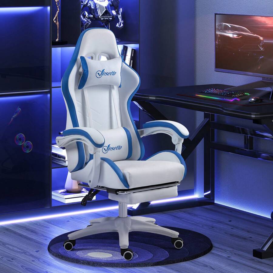 Vinsetto Computer Gaming Chair, PU Leather Desk Chair With Footrest, Swivel Task Chair With 135° Reclining Back And Lumbar Support, PC Chair For Adults - Blue - View 1