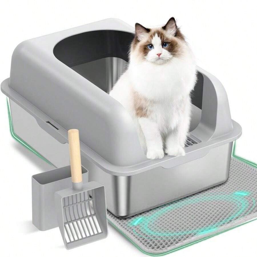 Anyask Enclosed Cat Litter Box Stainless Steel With Lid, XL Extra Large