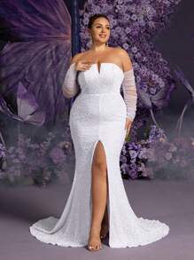 Faeriesty Plus Off Shoulder Sequined Mermaid Hem Wedding Dress, Plus Size White Elegant Long Sleeve Bridal Dress - White - View 4
