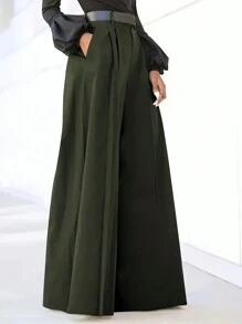 女士常规纯色口袋纽扣简约宽松阔腿裤，休闲日常穿着，适合通勤和户外，秋冬 - 軍綠色 - 查看 1