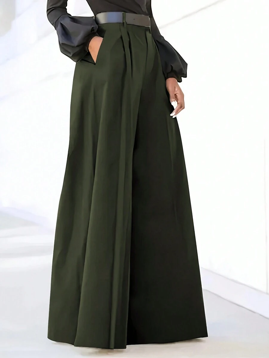 女士常规纯色口袋纽扣简约宽松阔腿裤，休闲日常穿着，适合通勤和户外，秋冬 - 軍綠色 - 查看 1