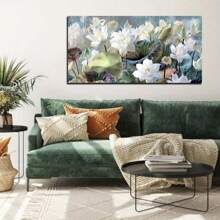 Framed Large Flower Wall Art For Living Room, Vintage White Lotus Picture Wall Art Bedroom Decor, Nature Teal Floral Painting For Home Office - 裱框 - 查看 4