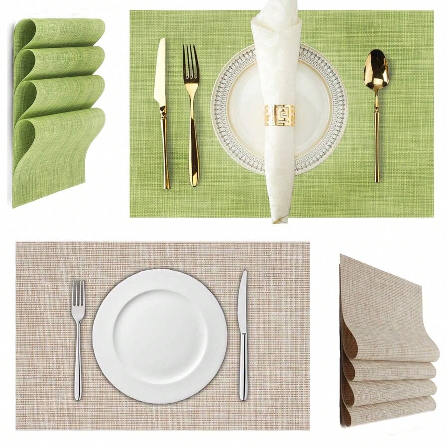 4pcs Interwoven Woven Vinyl Non-Slip Insulated Placemats Silver PVC Easy To Clean Premium Plastic Placemats, Heat Resistant Non-Slip Placemats For Dining Room Table, Kitchen Table Placemats - Multicolor - View 1