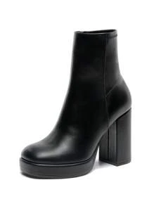 Women's Ankle Boots Platform Chunky High Heel Boots Fashion Boots Retro Square Toe Side Zipper Perfect For Parties, Dates - 黑PU - 查看 4