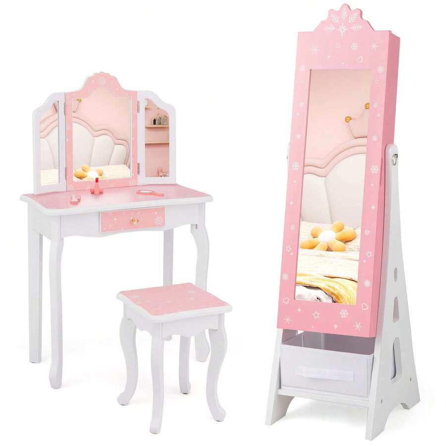 Lifezeal Kids Vanity Set Princess Makeup Dressing Table & Chair Set With Jewelry Armoire White/Pink