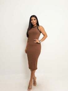 Women's Tube Dress Midi Tank Top Two-Tone Striped Sleeveless Basic Casual Fashion Blogger Foreign Summer - 鏽棕色 - 查看 2