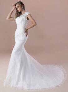 Elegant Classic Mermaid Wedding Dress With Exquisite Lace Trim And Shiny Hand-Beaded Details, Long Train Style, Perfect Choice For A Romantic Wedding!, Bridal Dress - Beige - View 5