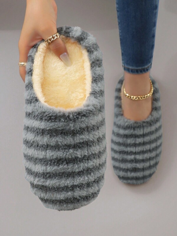 Modische Damen Farbblock gestreifte Plüsch Supersleichte, geräuscharme und rutschfeste Hausschuhe