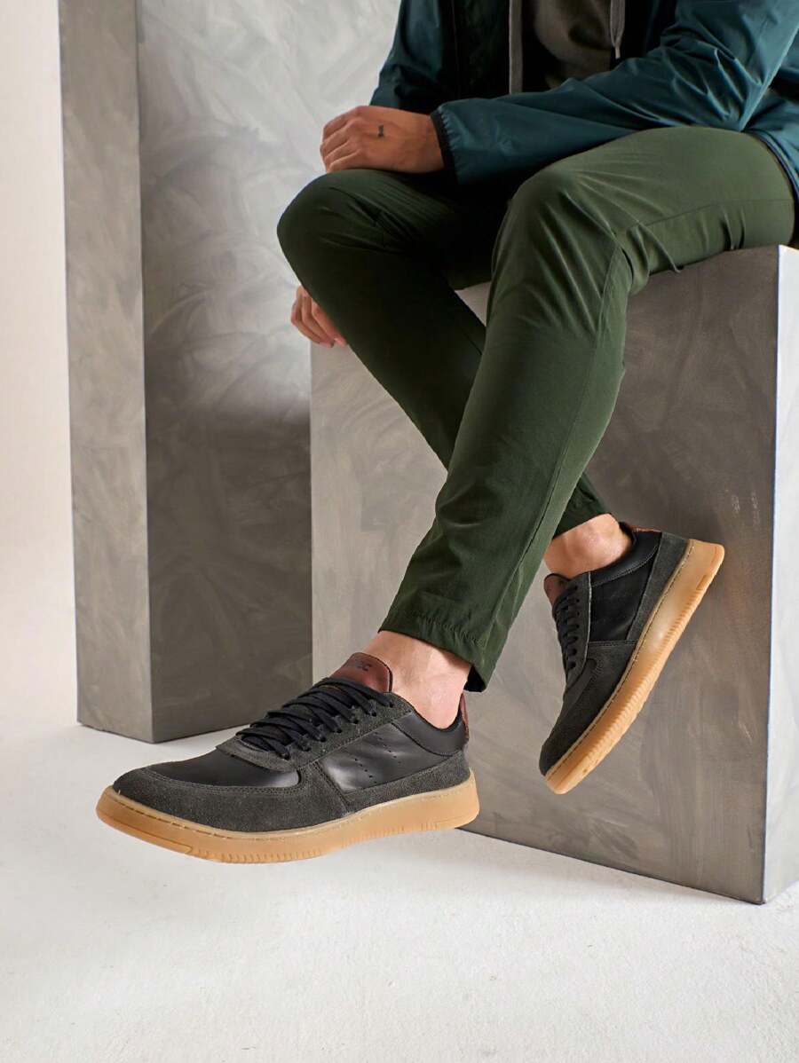 QBEC Men's Genuine Leather Casual Sneakers With Nubuck Detail Quebec Austin Comfortable Modern Versatile Stylish Lace-Up Sneakers - Màu xám đen - Xem 1