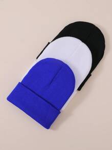 Conjunto de 3 gorros de punto de colores para niños, gorros tipo pompón suaves y elásticos unisex para niños y niñas, gorros de punto minimalistas y de moda para otoño/invierno, uso diario y regalos festivos - negro+blanco+azul - Ver 3
