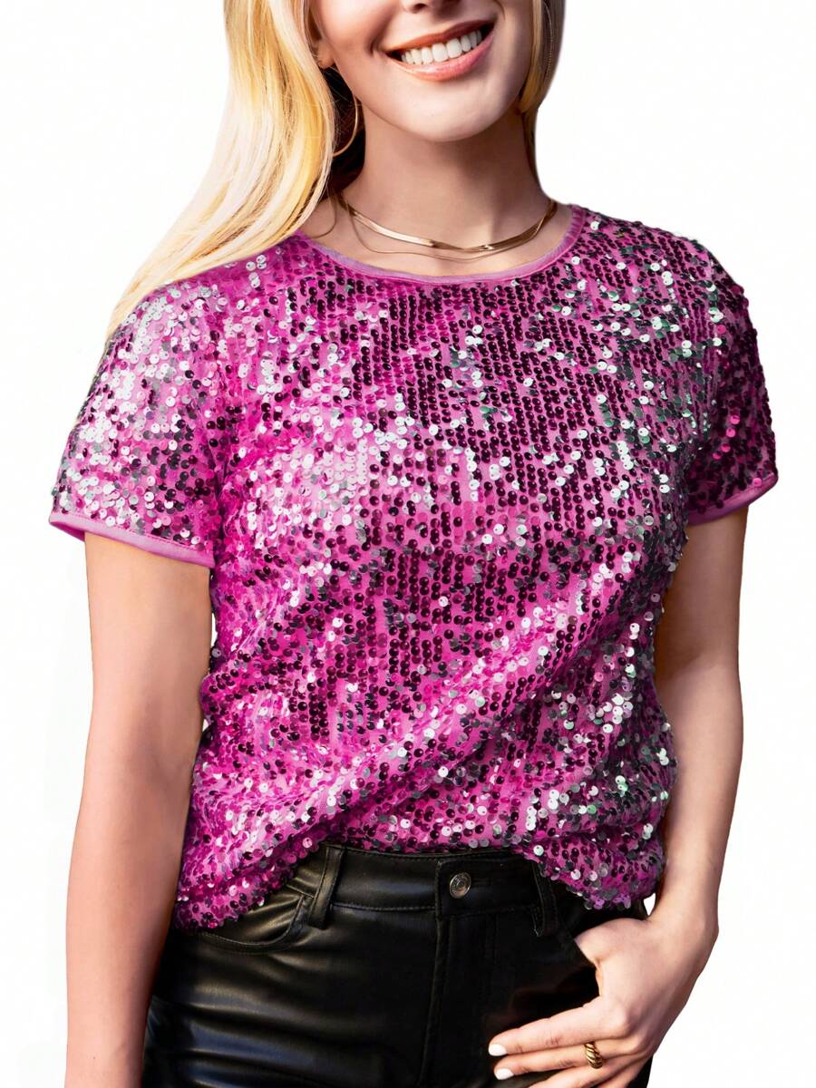 Women's Sparkly Sequin Top Short Sleeve Glitter Concert Party Disco Shirt Blouse - Hồng - Xem 1