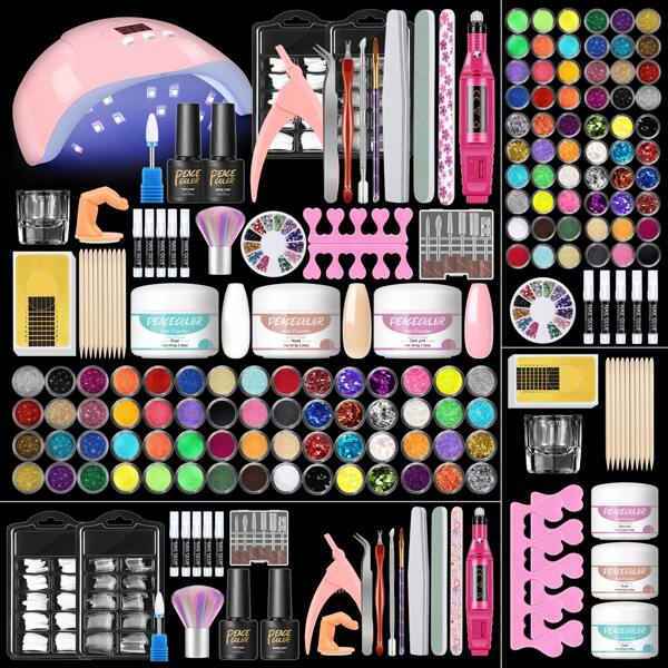 peacecolor 35PCS Acrylic Nail Kit With UV Lamp And Drill-Clear Nude Dark Pink Acrylic Powder Set, Base And Top Coat, Nail Glue, Nail Decoration Powder, Manicure Tools Nail Supplies, Acrylic Nails For Extension And Carving Nails For Women DIY Acrylic Nails Gift