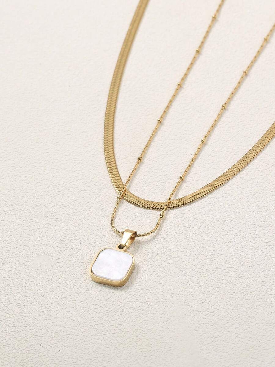 Nooxian 2 件女式项链套装，多层扁平蛇链不锈钢项链，百搭日常佩戴和礼物，链珠数量随机搭配 - 金黃色 - 查看 1