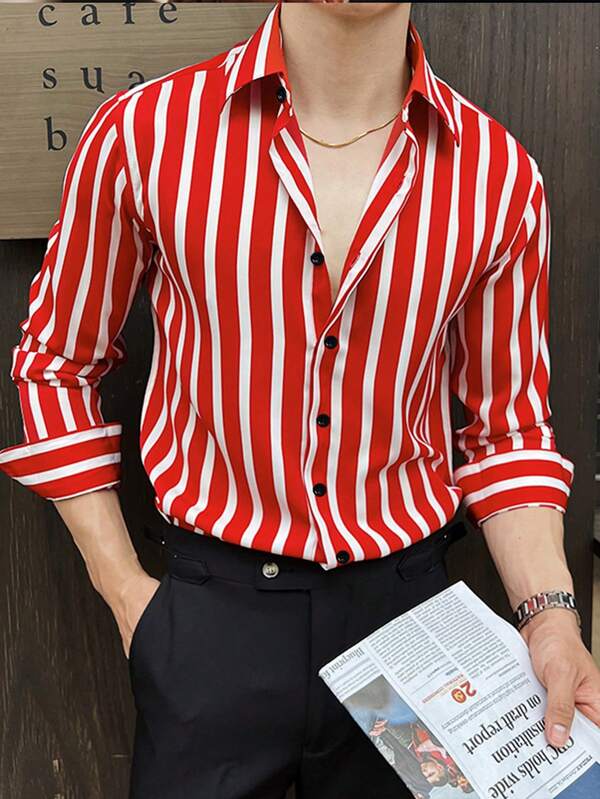 Camisa de vestir de manga larga para hombre, de estilo minimalista elegante, con rayas gruesas rojas y blancas