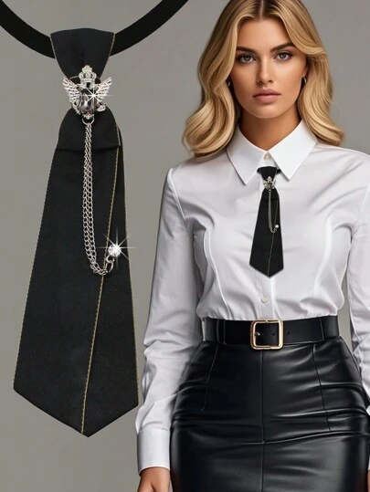 1pc Rhinestone Decor Chain Crown & Wing Design Women Fashionable Collar Clip Scarf Necktie