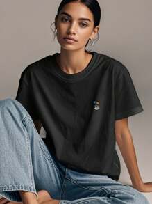 Women's Print Short Sleeve T-Shirt, Black & White Shirt, 180gsm Shirt, Crew Neck Short Sleeve T-Shirt, Breathable & Comfortable Casual Sports Fitness Tee, Casual Vintage Style, Suitable For Summer, Beach Holiday Crew Neck Short Sleeve Casual T-Shirt, Summer Tee