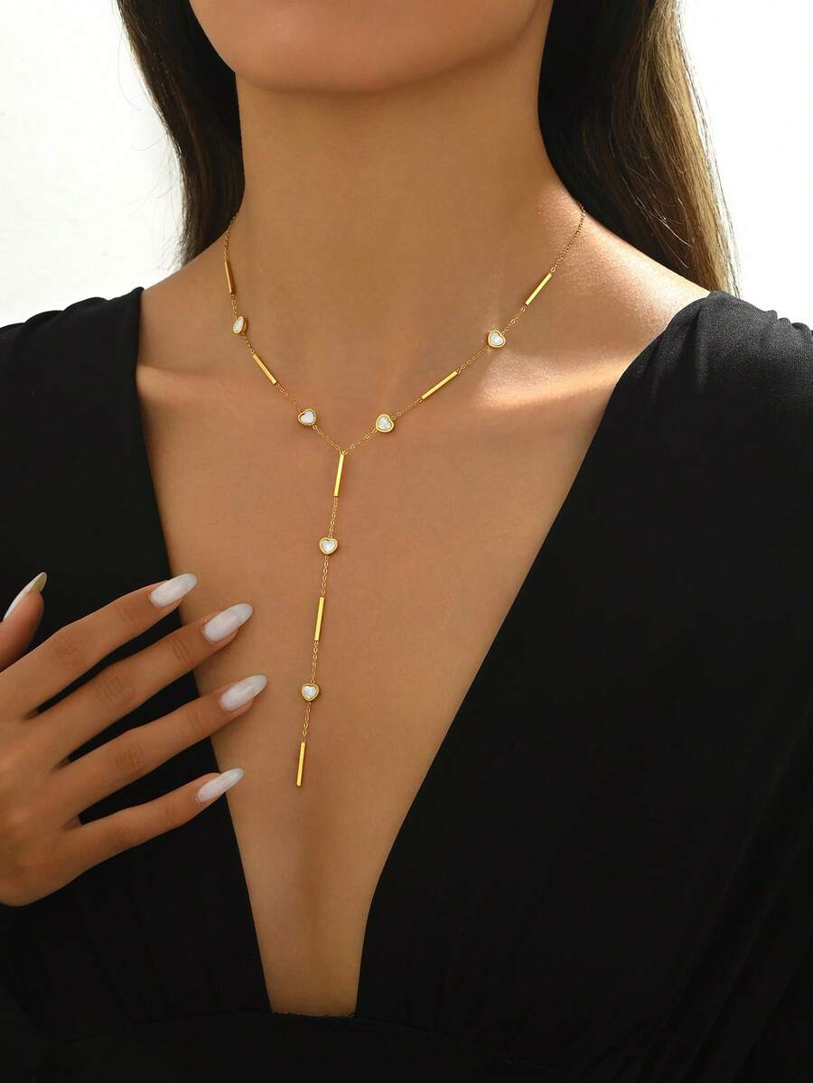 1 chiếc vòng cổ hình trái tim bằng thép không gỉ mạ vàng 18K cho nữ, quà tặng trang sức thời trang cho bữa tiệc - Vàng - Xem 1