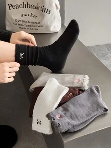 5 双女士姐妹袜，时尚蝴蝶结刺绣孔简约设计，适合靴子，学院复古潮流袜子，适合日常穿着、运动、滑板 - 彩色 - 查看 2