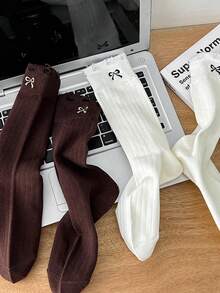 5 双女士姐妹袜，时尚蝴蝶结刺绣孔简约设计，适合靴子，学院复古潮流袜子，适合日常穿着、运动、滑板 - 彩色 - 查看 7