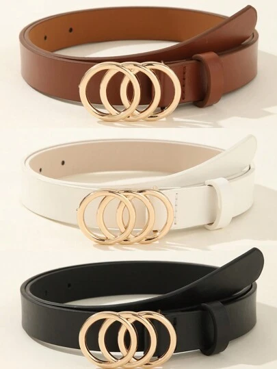 3pcs Set Leatherette Classic Triple Ring Buckle Decoration Fashion Belt For Women Summer, School Fall, Autumn, Halloween