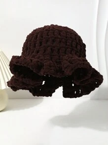 1 pieza Sombrero de cubo con volantes plisados de unicolor tejido a mano para mujer, diseño exagerado, gorro de invierno de moda