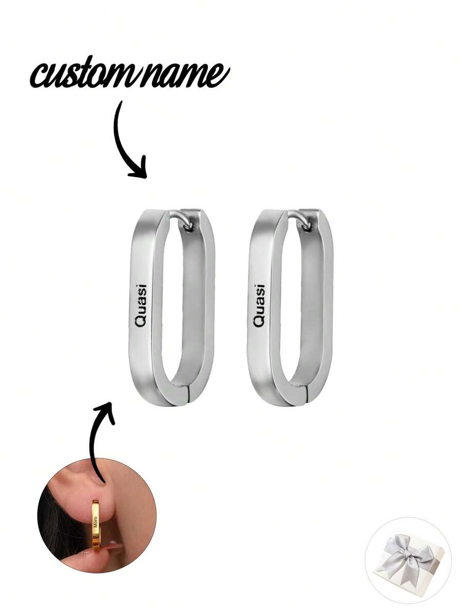 1pair Minimalist Customized Engraved Name Earrings, Stainless Steel Round Hoop Earrings, 18K Gold Plated U-Shaped Earrings, Personalized Letter Jewelry Gift For Girlfriend, Valentine Gift, Christmas Gift - Steel - View 1