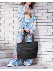 BAGSMART 女士手提包，轻便蓬松手提包，带隔层，绗缝单肩包，手提包，适合旅行、工作 - 黑色 - 查看 1