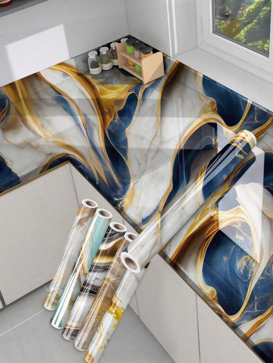 1 件大理石镀金图案壁纸厨房防油贴纸自粘式撕贴耐高温耐油厨房台面贴纸橱柜表面翻新墙贴、贴纸、墙贴花、乙烯基贴花用于家庭装饰、春季装饰品让您的家焕然一新、拉玛装饰贴纸 - 彩色 - 查看 1