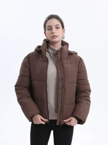 Women Puffer Jacket Hood Winter Water Repellent Wind-Resistant Ladies Classic Quilted Padded Coat Big Pocket - Coffee Brown - View 3