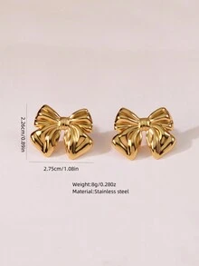 2 件/套简约可爱丝缎蝴蝶结不锈钢耳环，适合女性日常佩戴或约会，也是送给女性的理想礼物 - 金黃色 - 查看 4