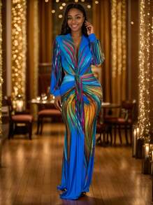 Pleated Women's Clashing Color Long Sleeve Elegant Casual Dresses Festival Summer Birthday Party