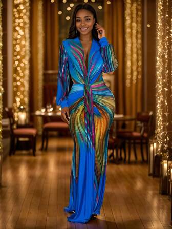 女士百褶撞色长袖优雅休闲连衣裙节日夏季生日派对