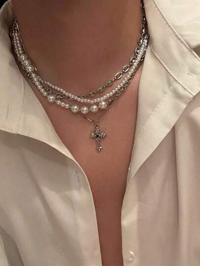 1PC Necklace Rhinestone-Encrusted Cross Faux Pearl Long Necklace Senior Sense Of Multi-Layer Faux Pearl Stacked Wear