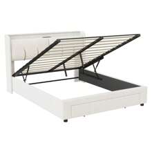 Creahappy CREAHAPPY Lit rembourré avec 2 fonctions de chargement USB et AC-tête de lit avec rangements-télécommande-éclairage LED et tiroirs-lit double en bois avec sommier à lattes-140*200 cm